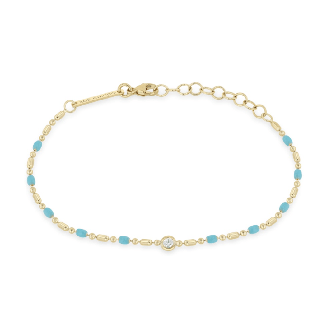BRC-14K Diamond & 14k Gold Turquoise Blue Enamel Bar & Bead Chain Bracelet