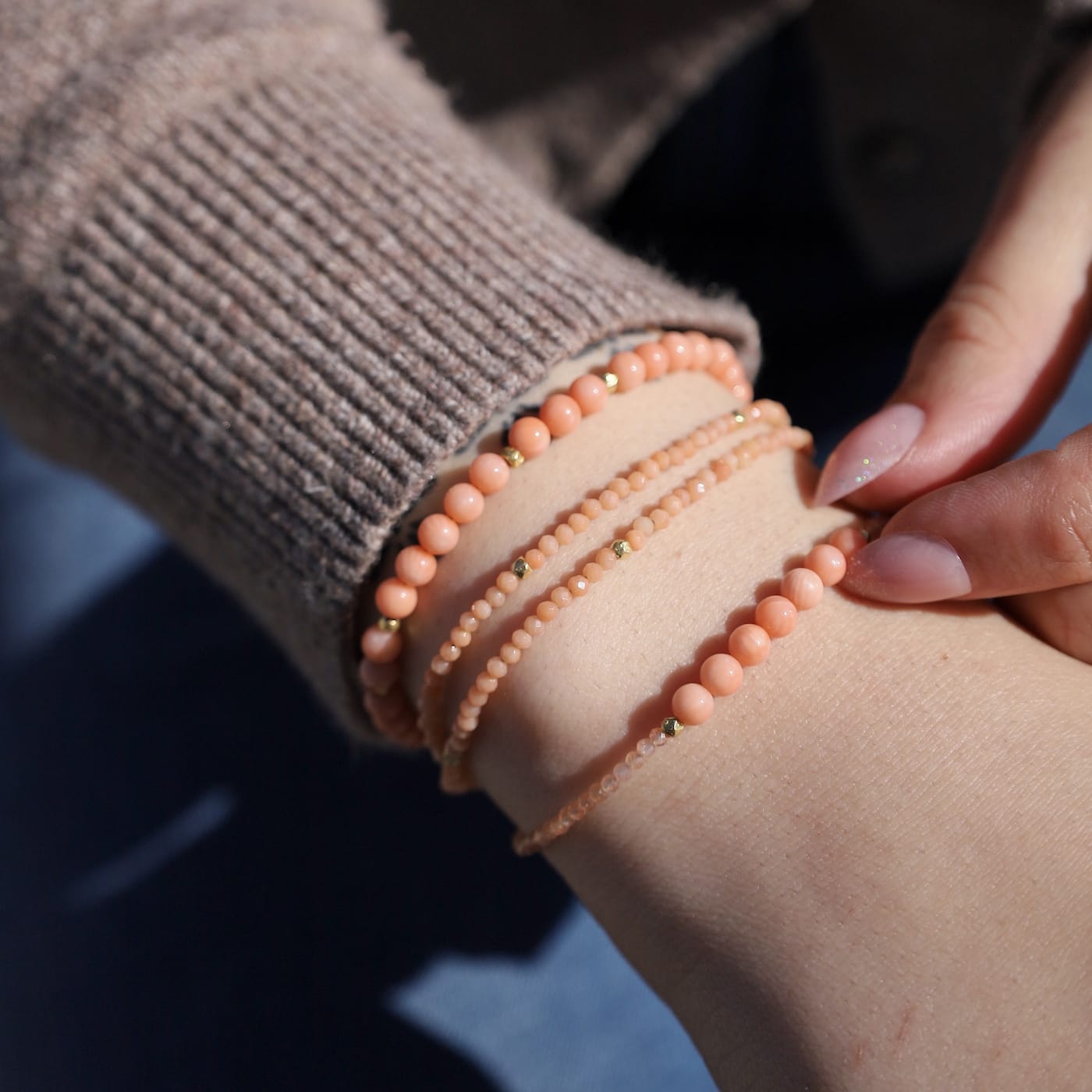BRC-GF Seven Peach Coral, Sunstone & Gold Vermeil Beads Bracelet
