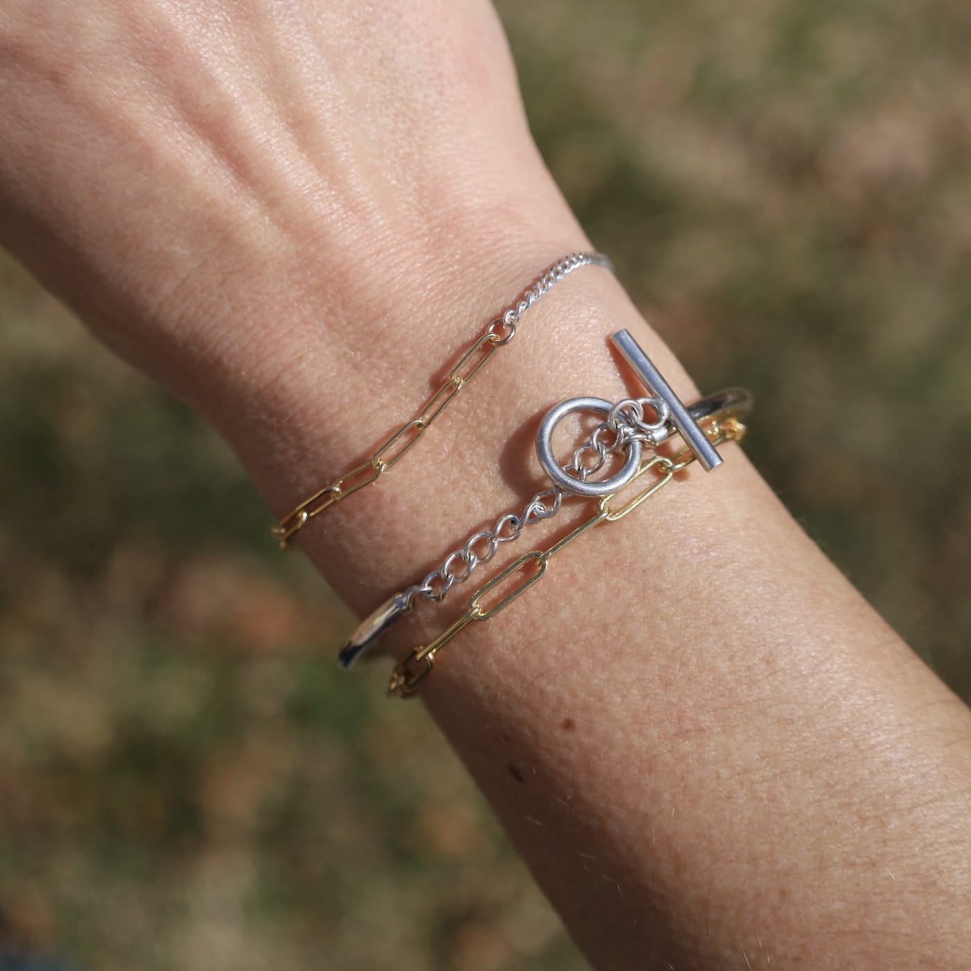 BRC-GF Two Tone Sterling Silver Curb & Gold Filled Paperclip Chain Bracelet