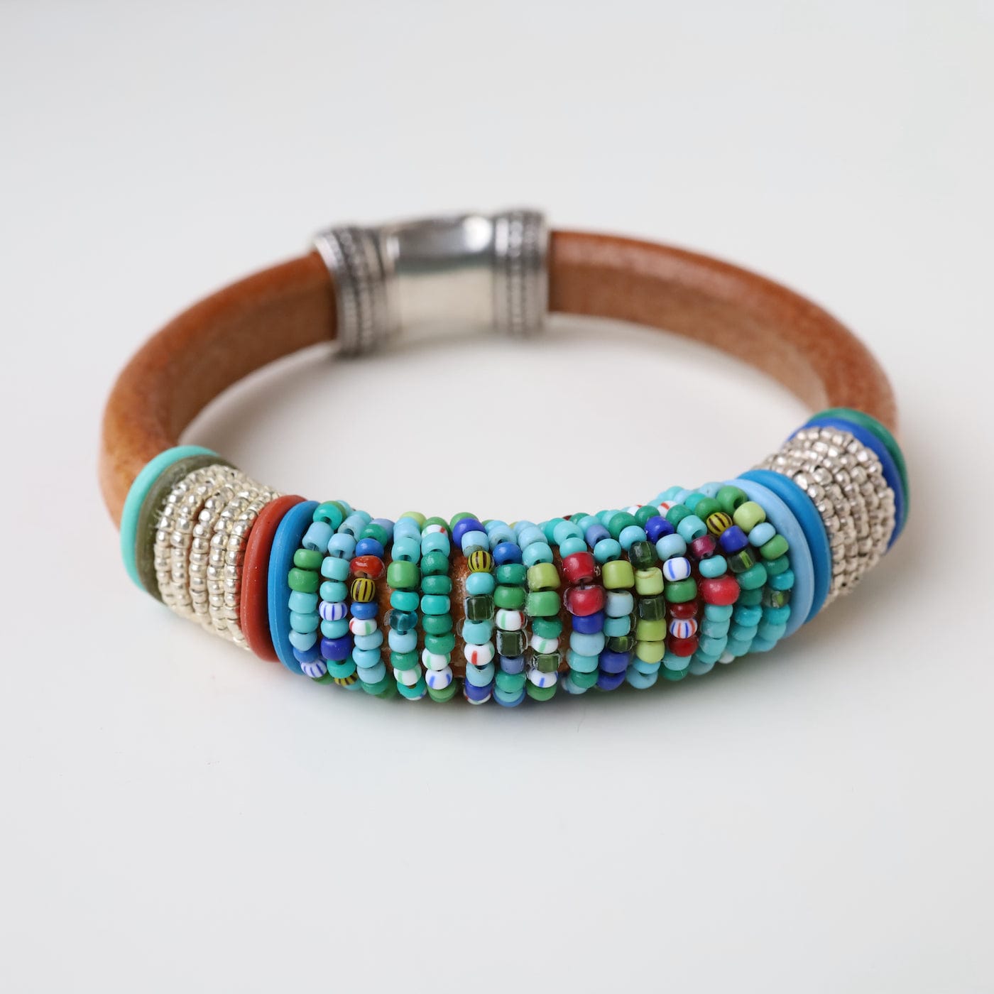 BRC-JM Hand Stitched Blue Green Mix Vintage Seed Beads Bracelet