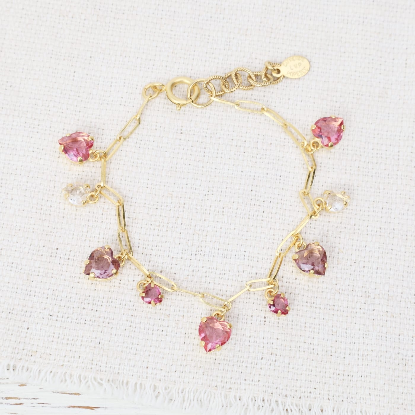 BRC-JM Pink Crystal Heart Charm Bracelet- Gold Plate