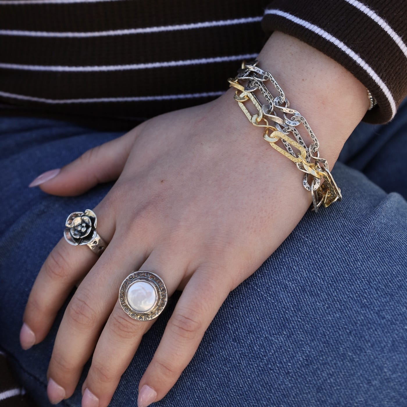 BRC-JM Two Tone Triple Strand Hammered Oval Link Bracelet