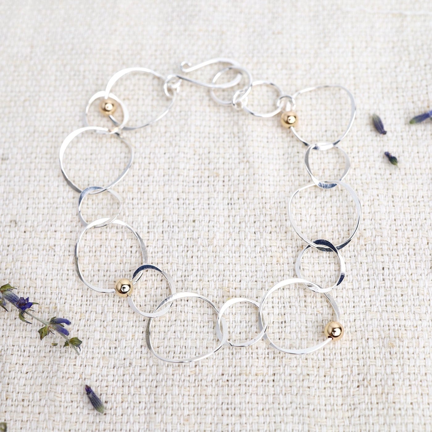 BRC Sterling Silver Flat Open Link Bracelet with Gold Filled Ball Accents