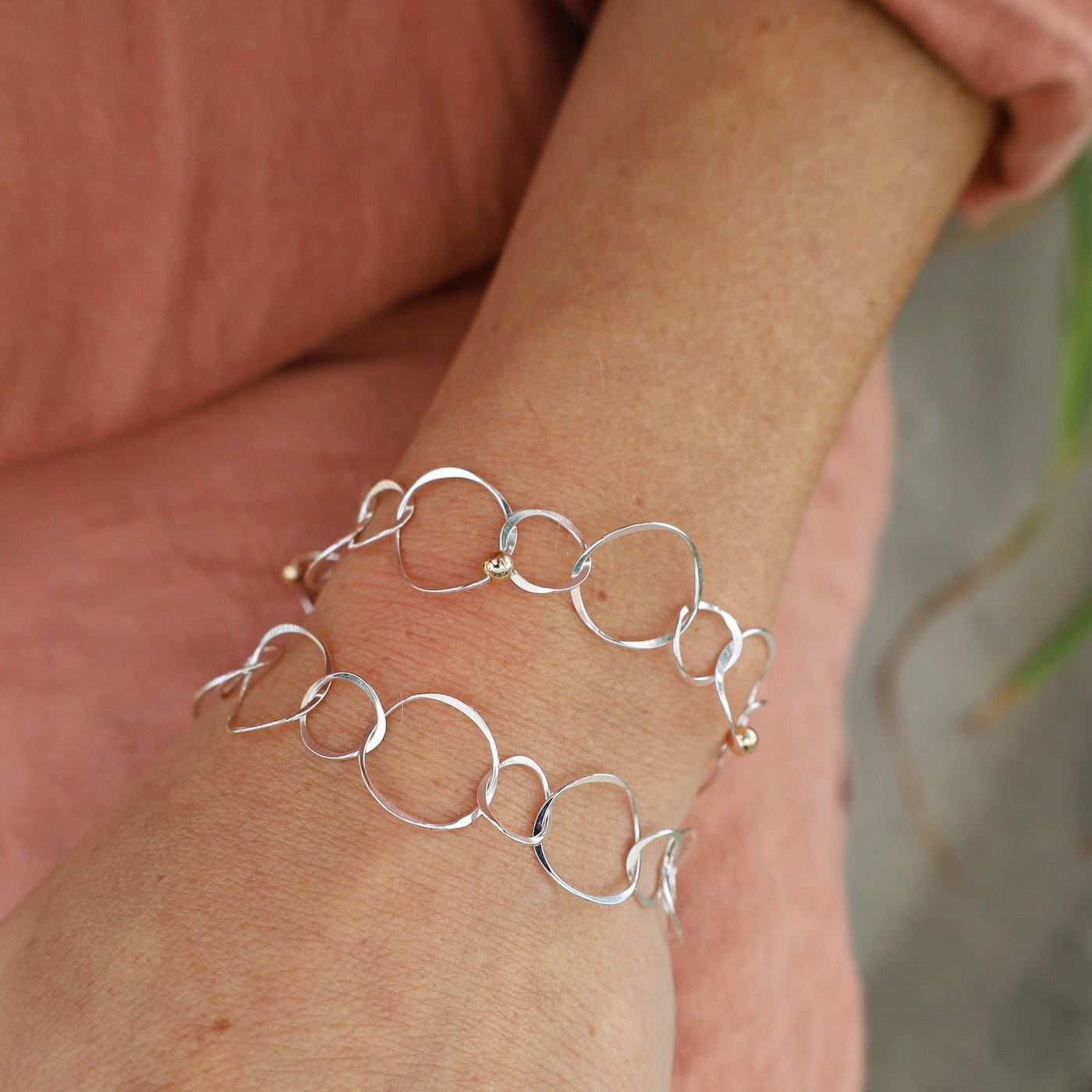 BRC Sterling Silver Flat Open Link Bracelet with Gold Filled Ball Accents