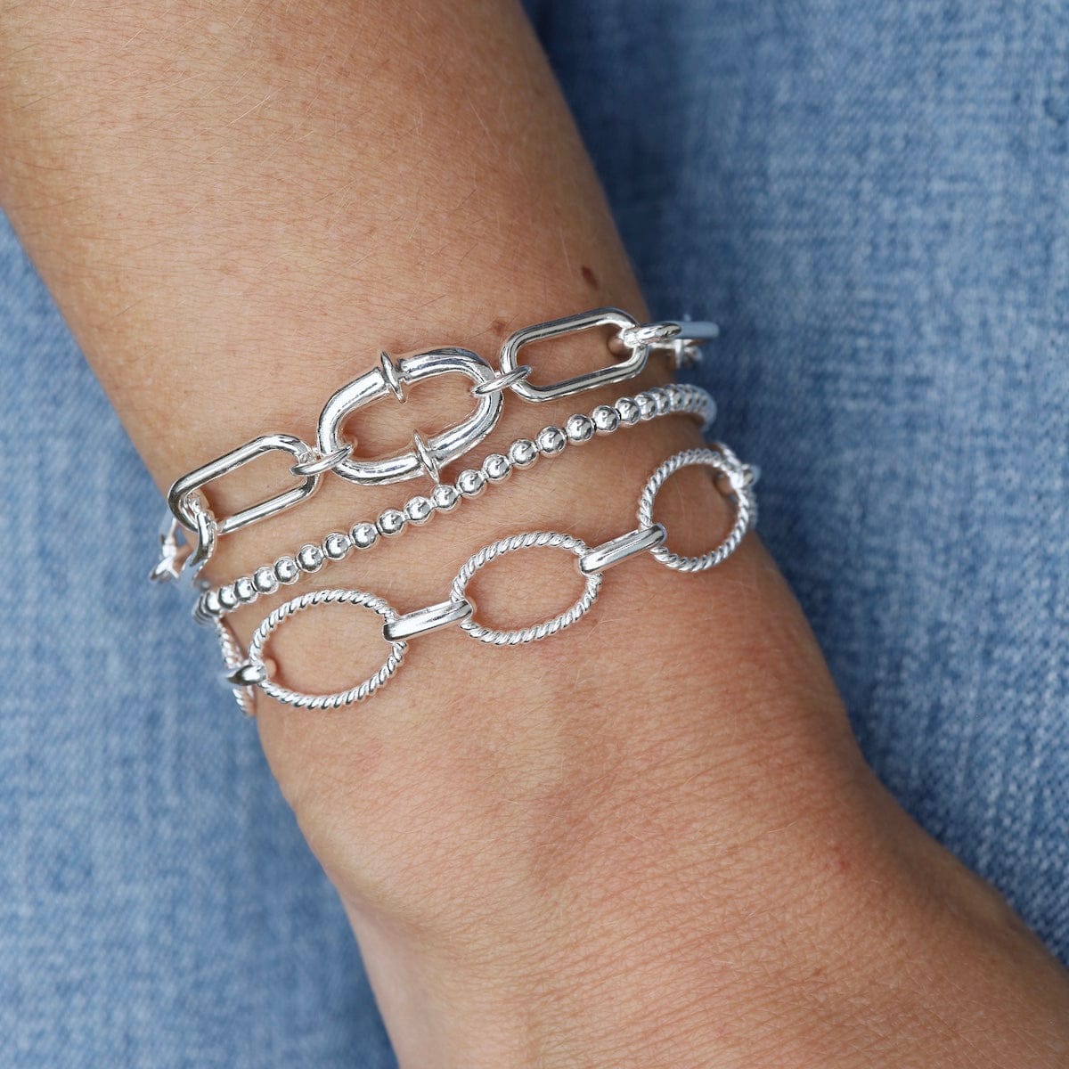 BRC Sterling Silver Mid Weight Paperclip Chain with Oval Center Link Bracelet