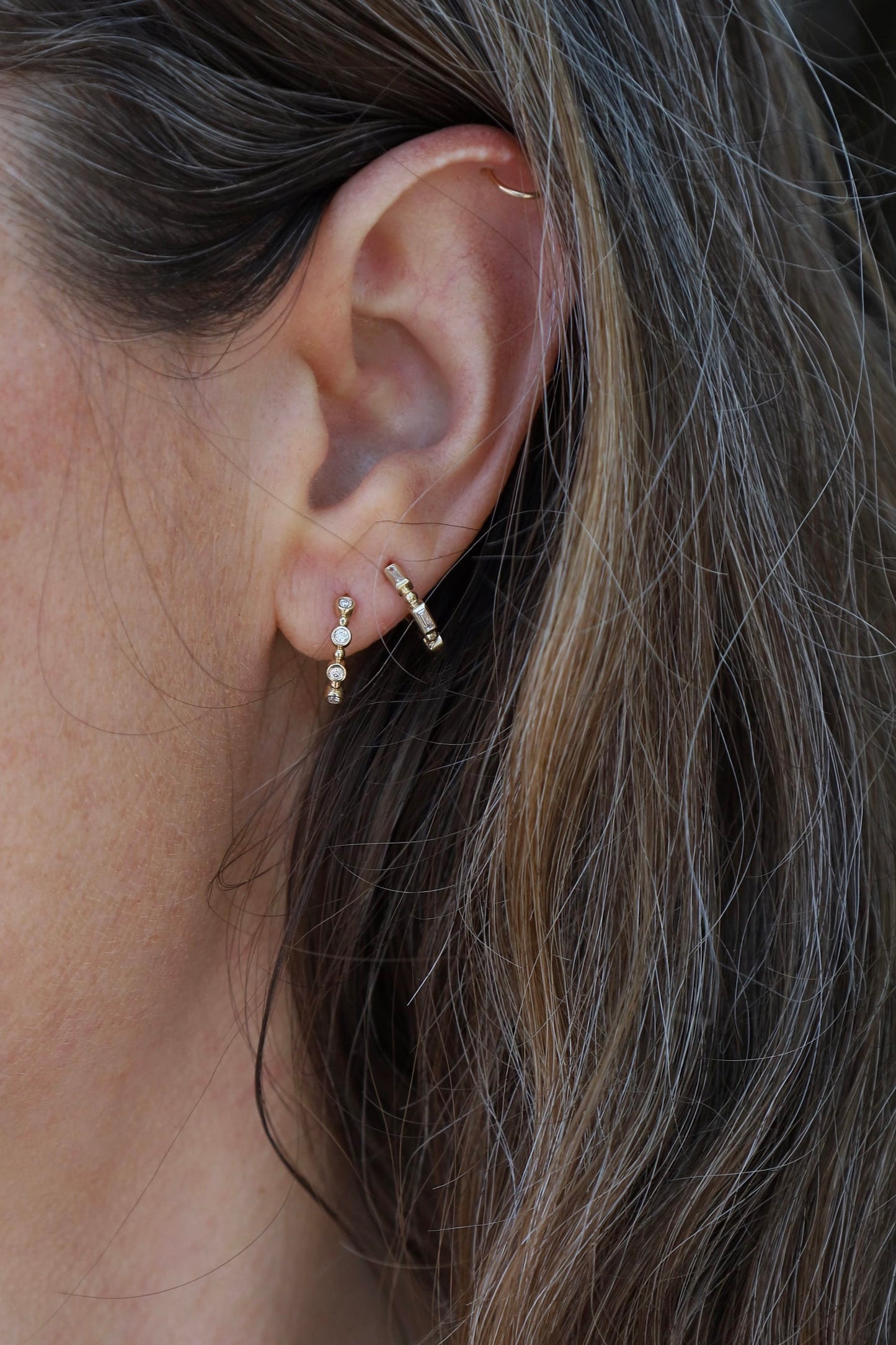 EAR-14K 14K Gold 3 Round Bezel Diamond & Bead Huggie Hoops