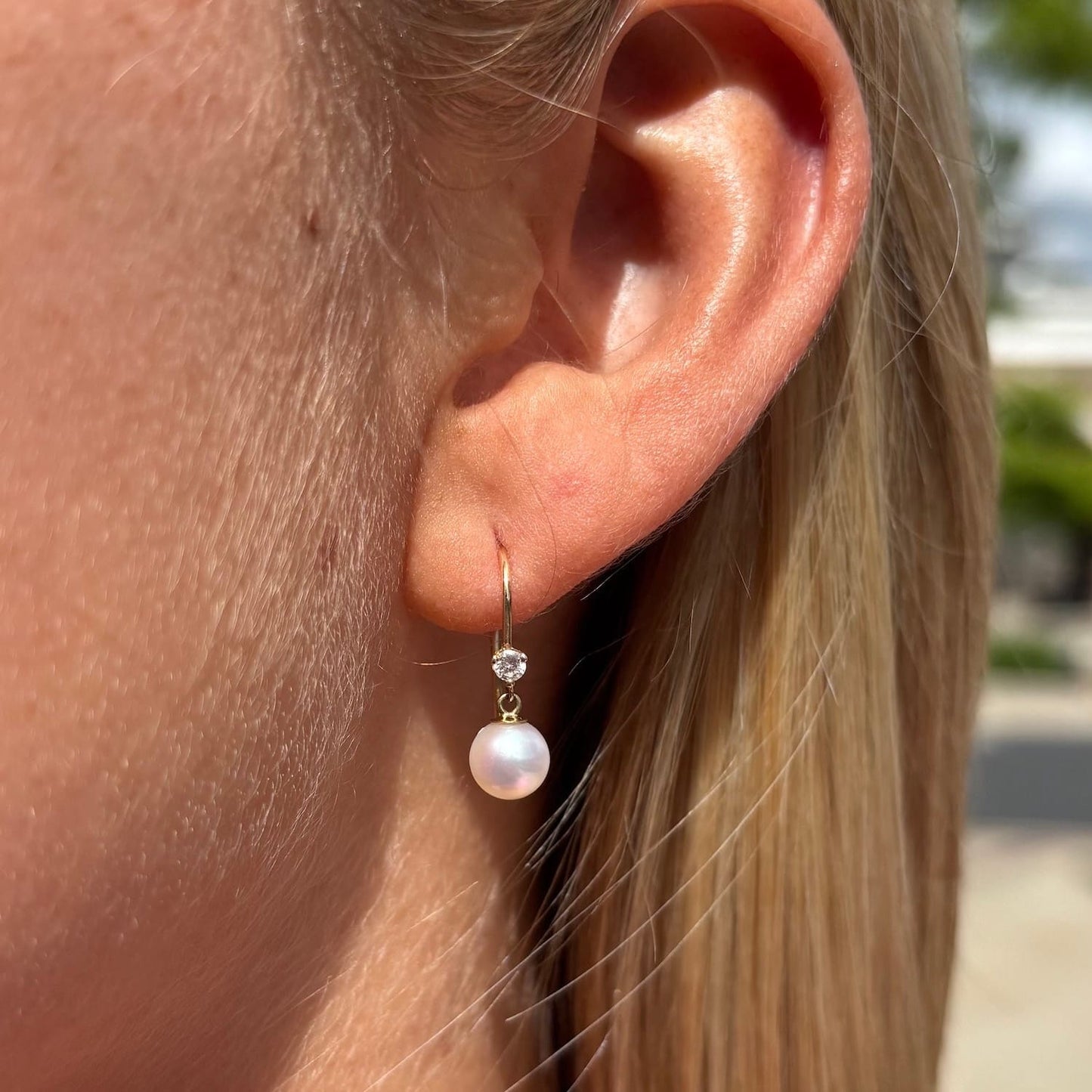 EAR-14K Prong Set Diamonds & Dangling 6mm White Freshwater Cultured Pearls Earrings
