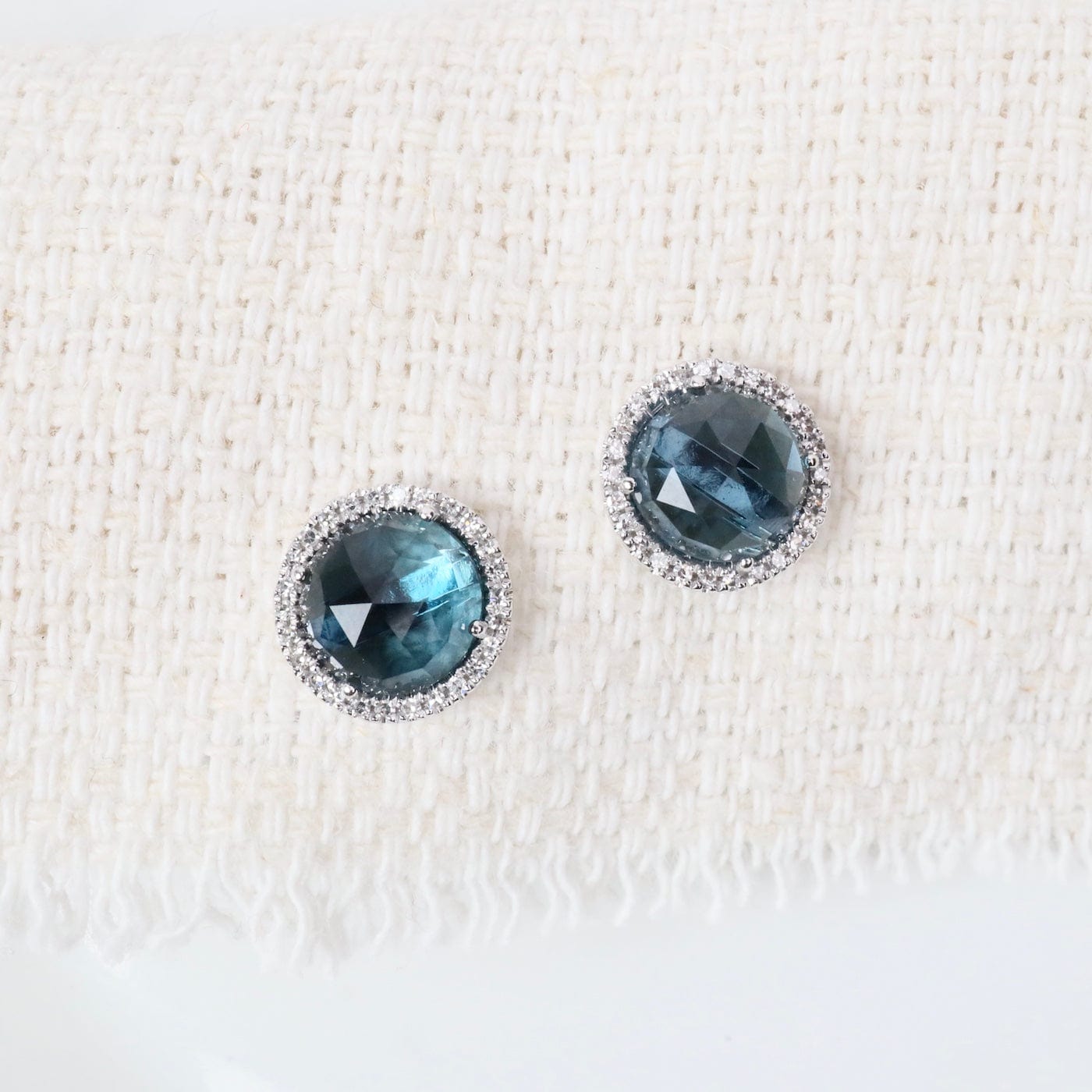 EAR-14K Rose Cut London Blue Topaz with White Diamond Halo Post Earrings