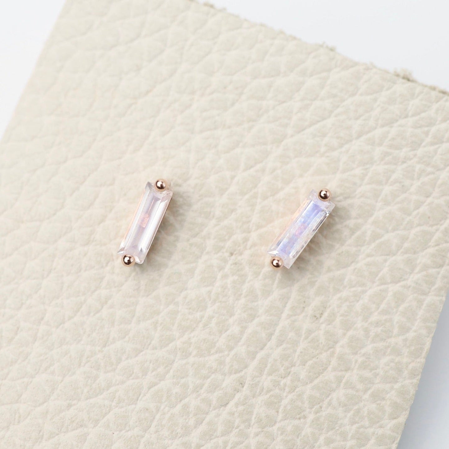 EAR-14K Rose Gold Rainbow Moonstone Baguette Earring