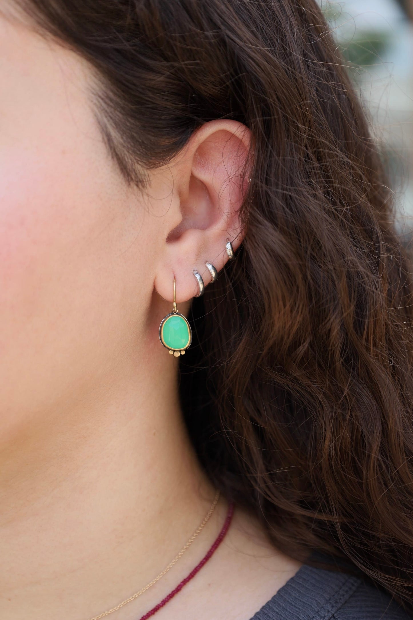 EAR-22K Rose Cut Oval Chrysoprase Earring, 22k Bezel and D