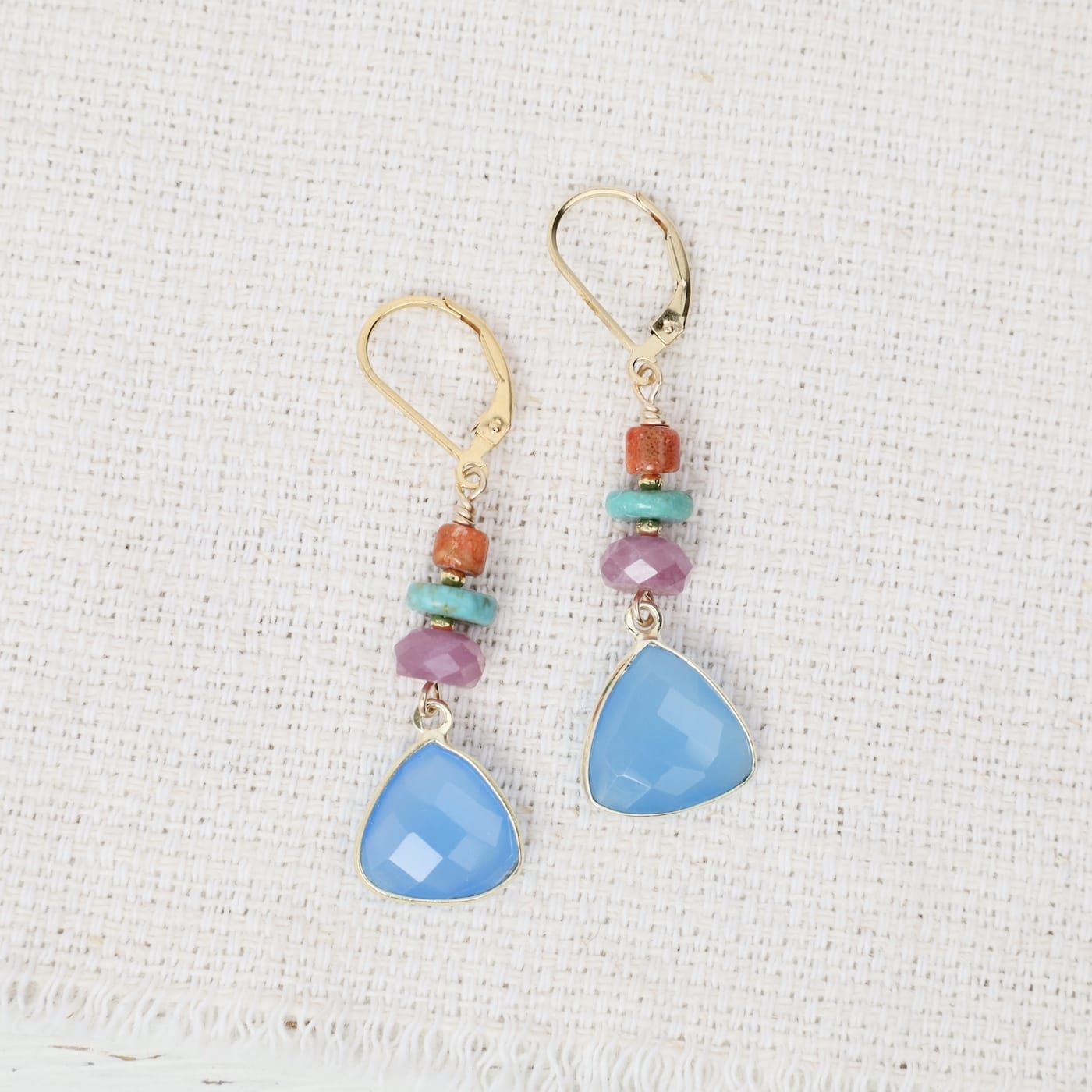 EAR Chalcedony Triangles with Ruby, Turquoise and Cora