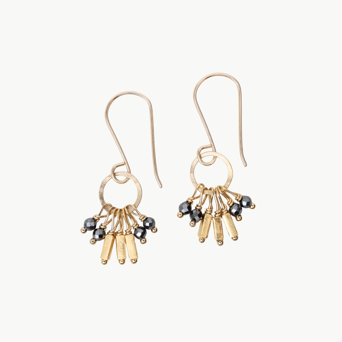 EAR-GF Black spinel & gold vermeil beads on ring drop ear