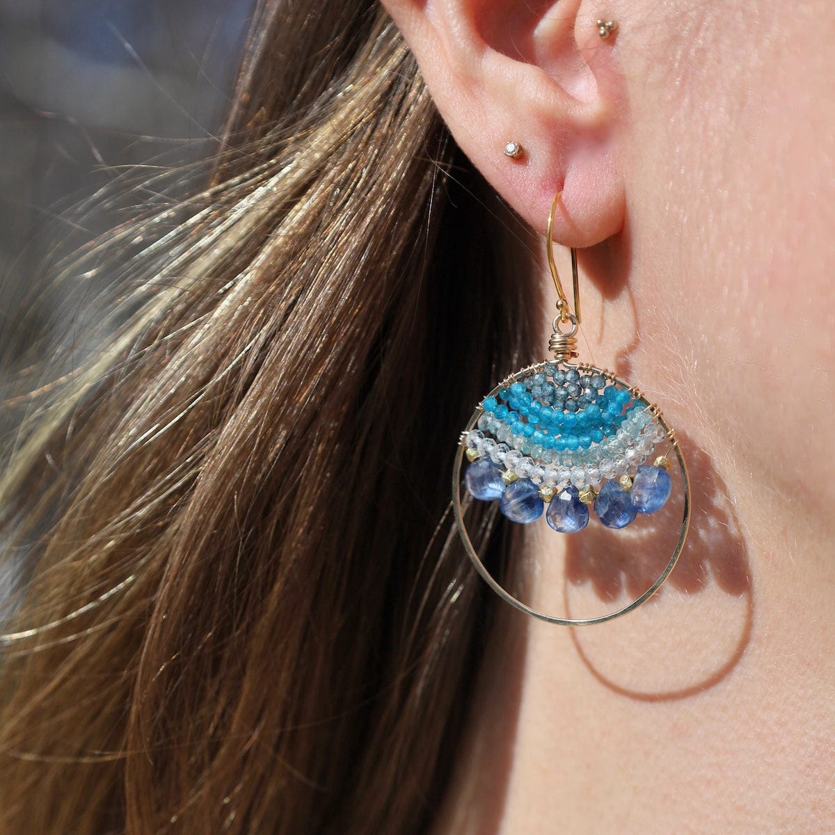 EAR-GF Gold Large Hoop in Neon Apatite & Kyanite Earrings