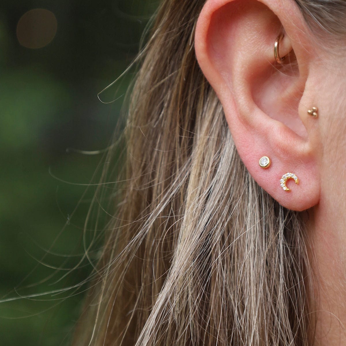 EAR-GPL Gold Plated Sterling Silver CZ Tiny Crescent Moon Barbell Stud Earring