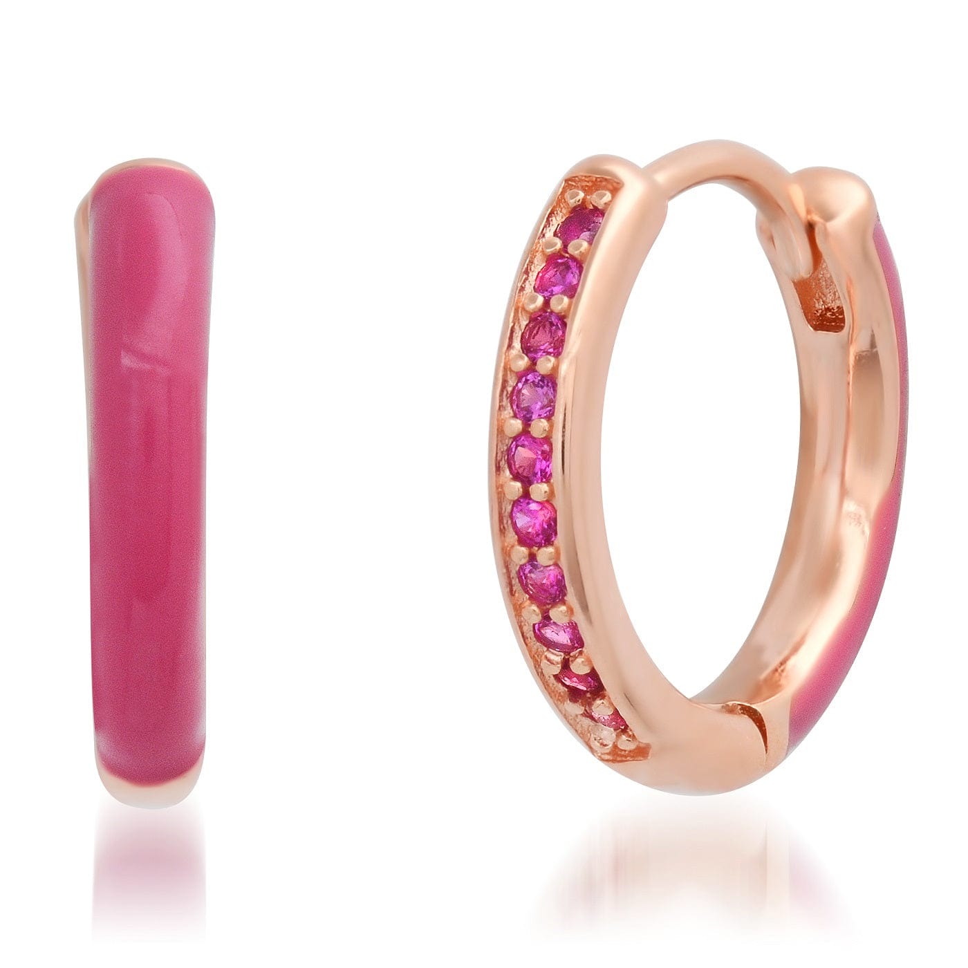 EAR-GPL Rose Gold Vermeil Huggie Hoops with Fuchsia Enamel & CZ