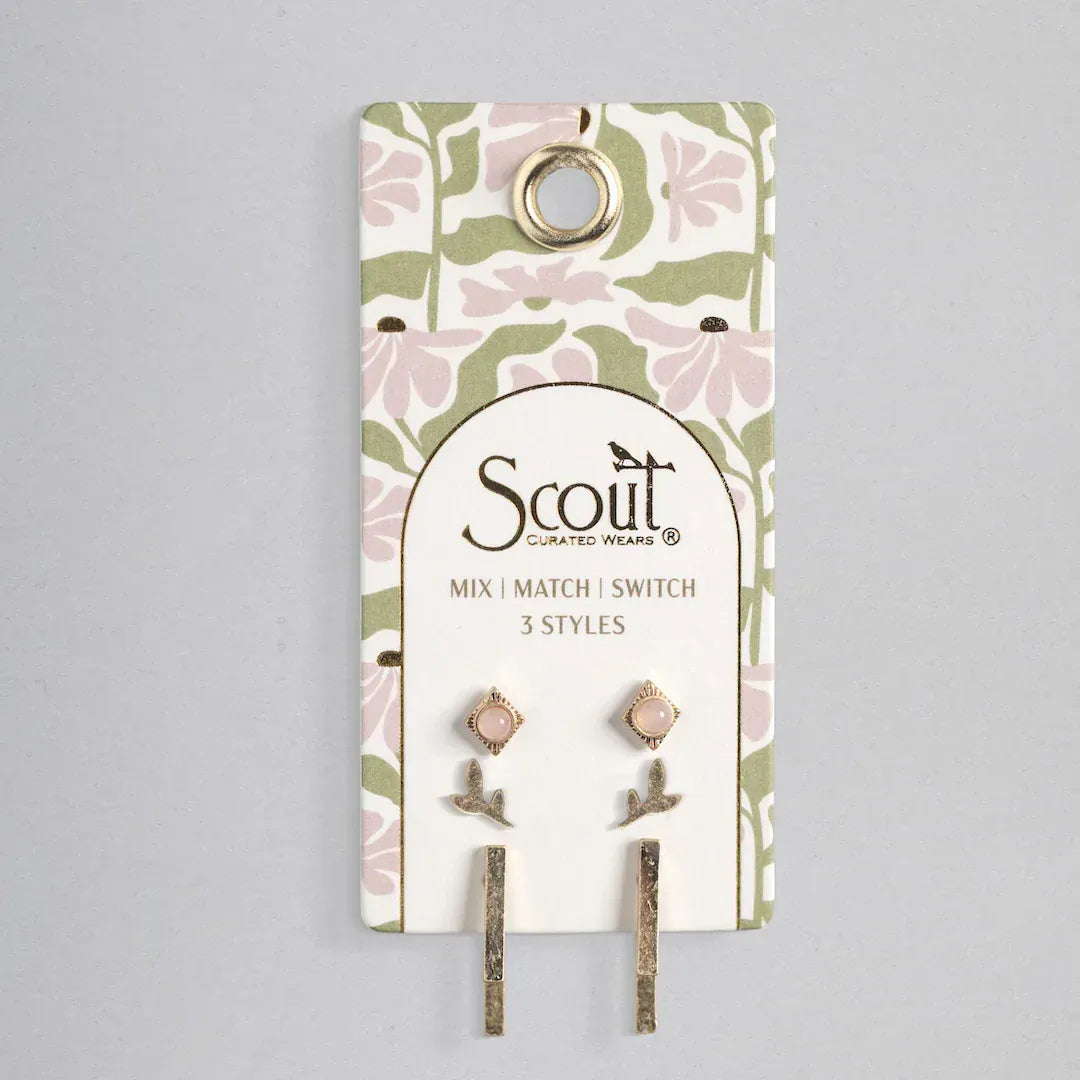 EAR-GPL Stud Trio Ear Jacket Set - Leaf/Rose Quartz/Gold