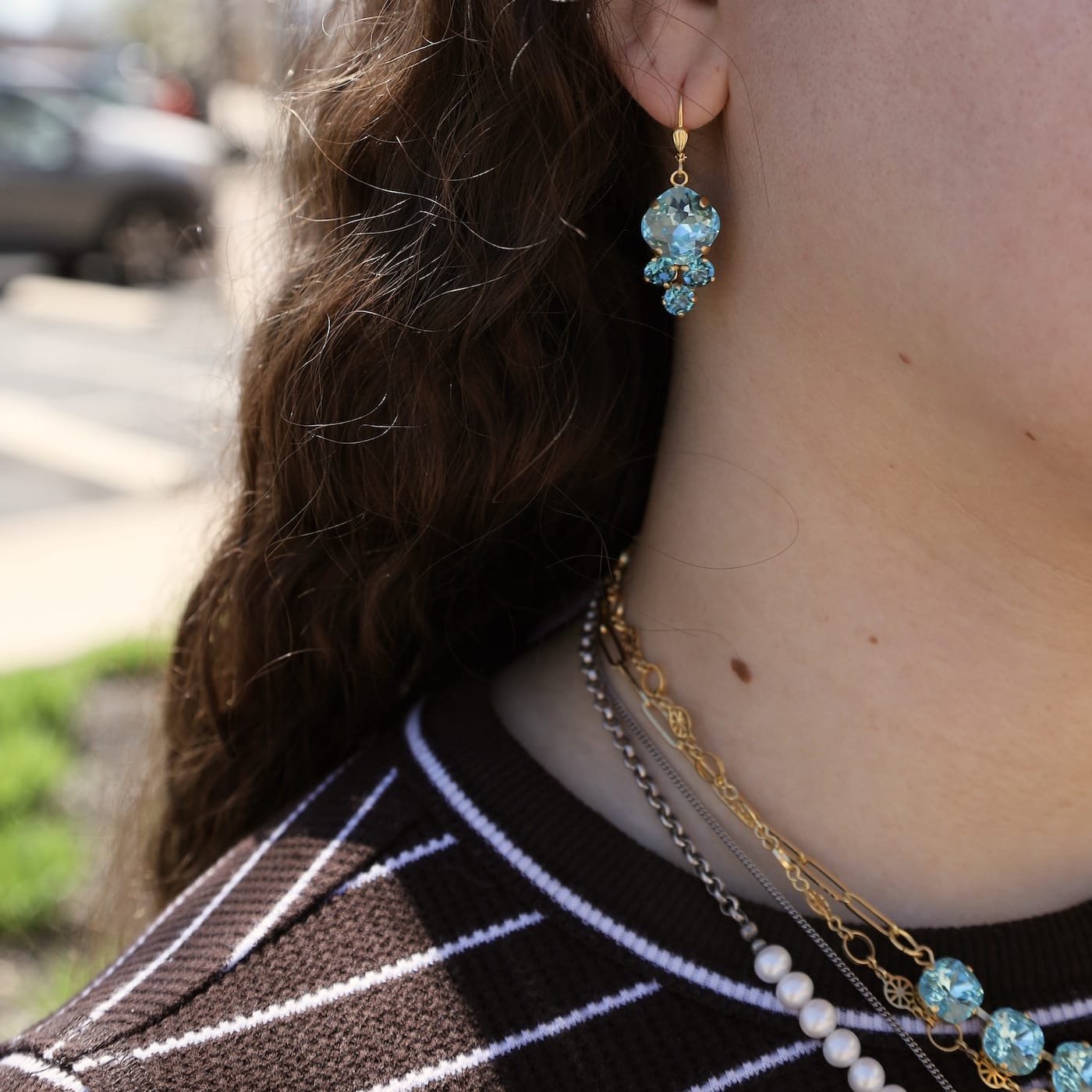 EAR-JM Aqua Round with Trio Drop Earrings
