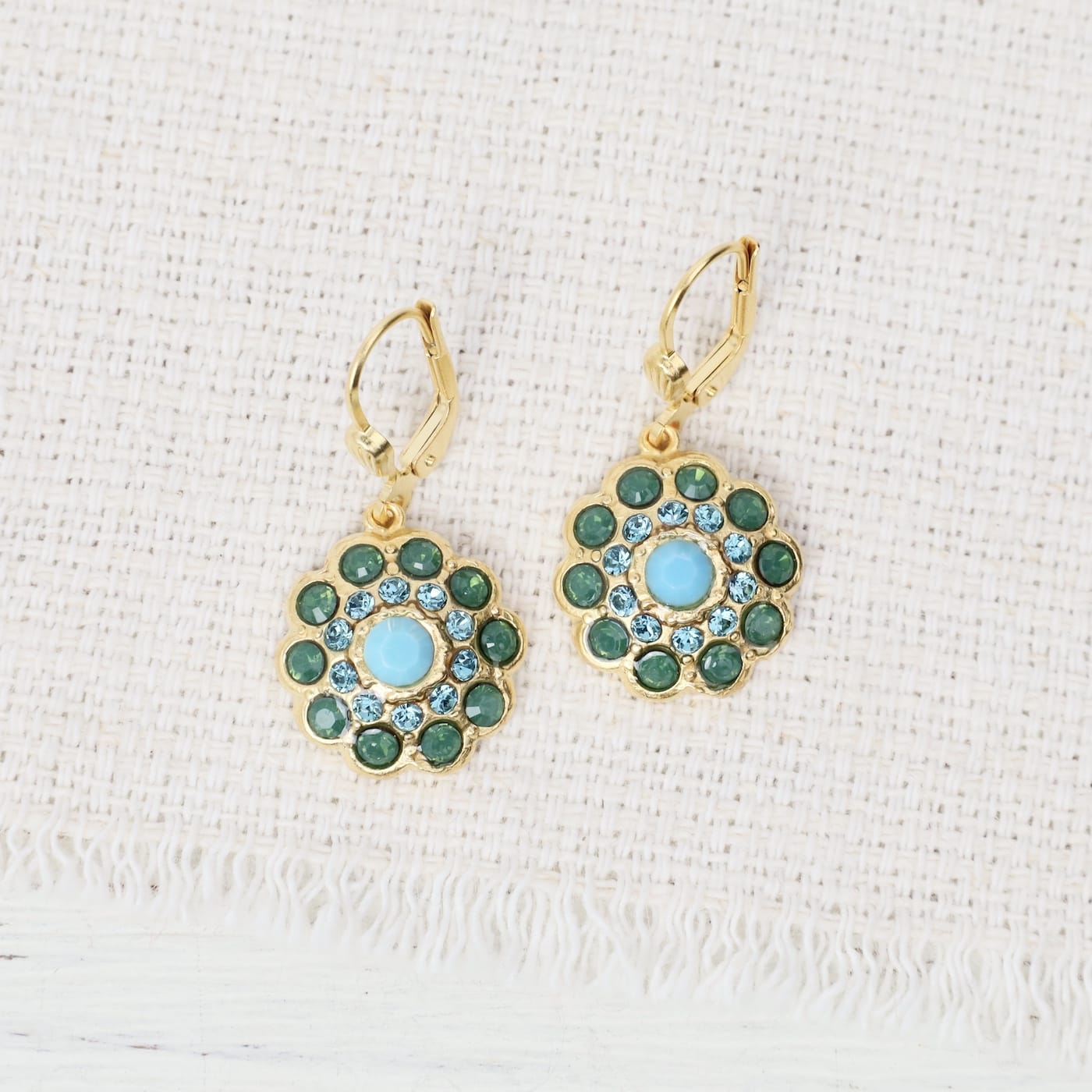 EAR-JM Jade and Turquoise Flower Earrings- Gold Plate