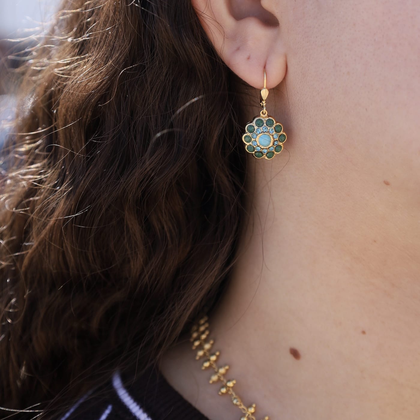 EAR-JM Jade and Turquoise Flower Earrings- Gold Plate