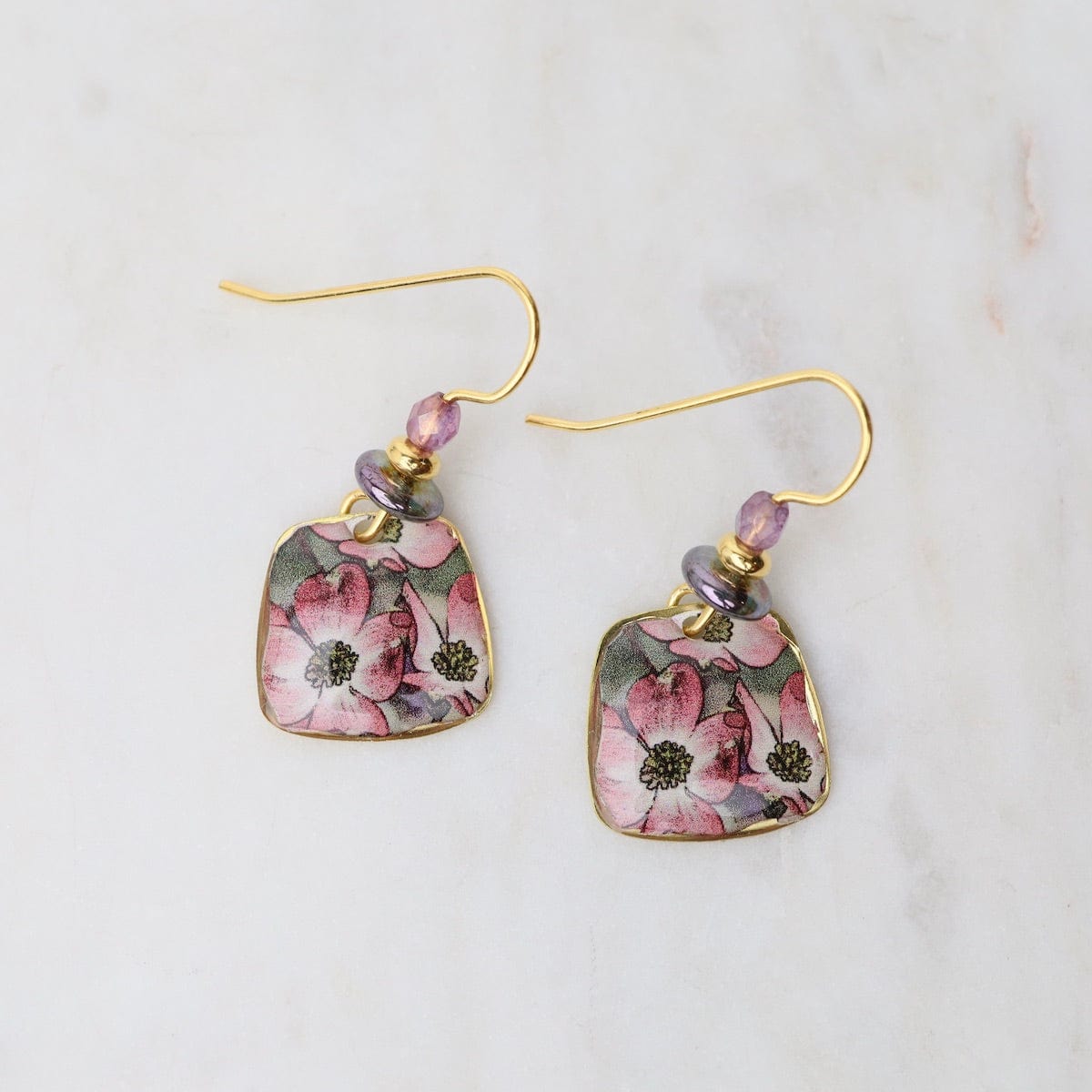 EAR-JM Pink Dogwood with Green Bead Earrings