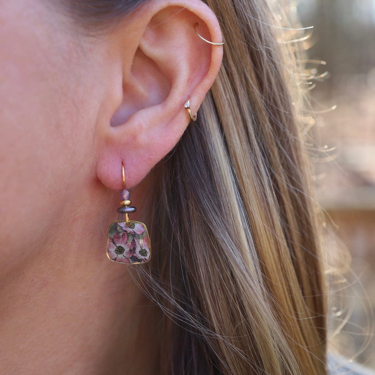 EAR-JM Pink Dogwood with Green Bead Earrings