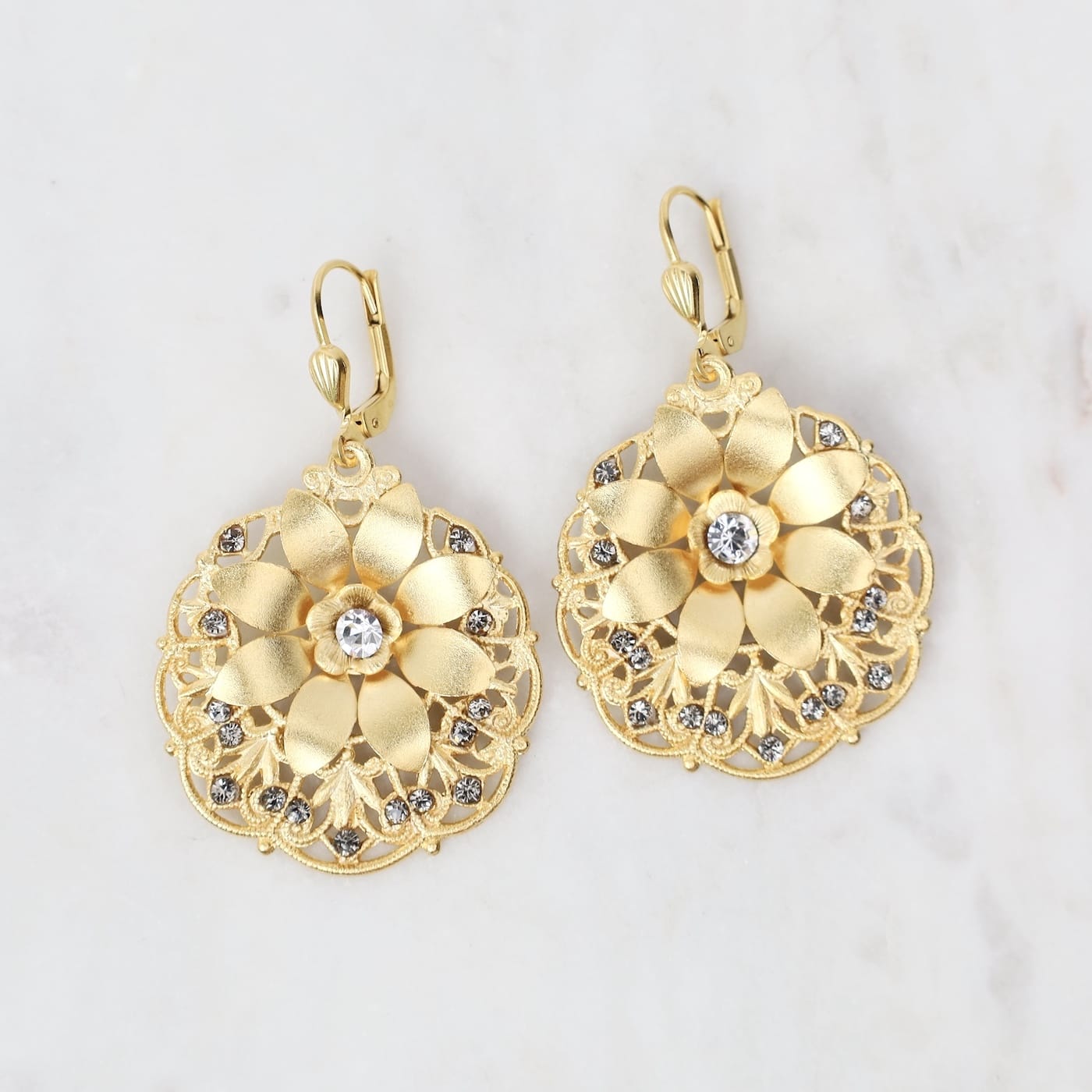 EAR-JM Round Filigree with Large Flower Earrings- Gold Pl