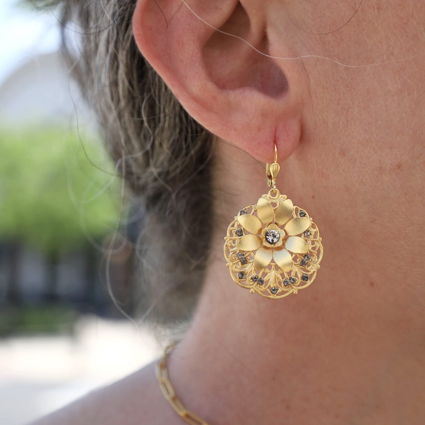 EAR-JM Round Filigree with Large Flower Earrings- Gold Pl