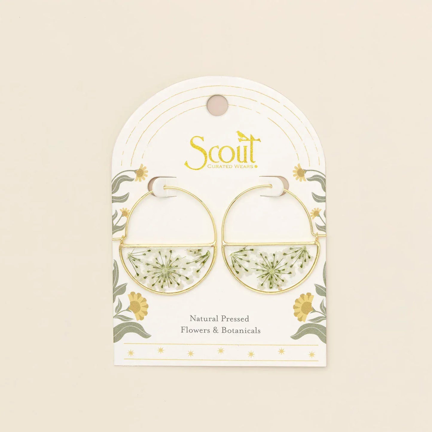 EAR Pressed Flower Hoop Earring - White Lace Flower/Go