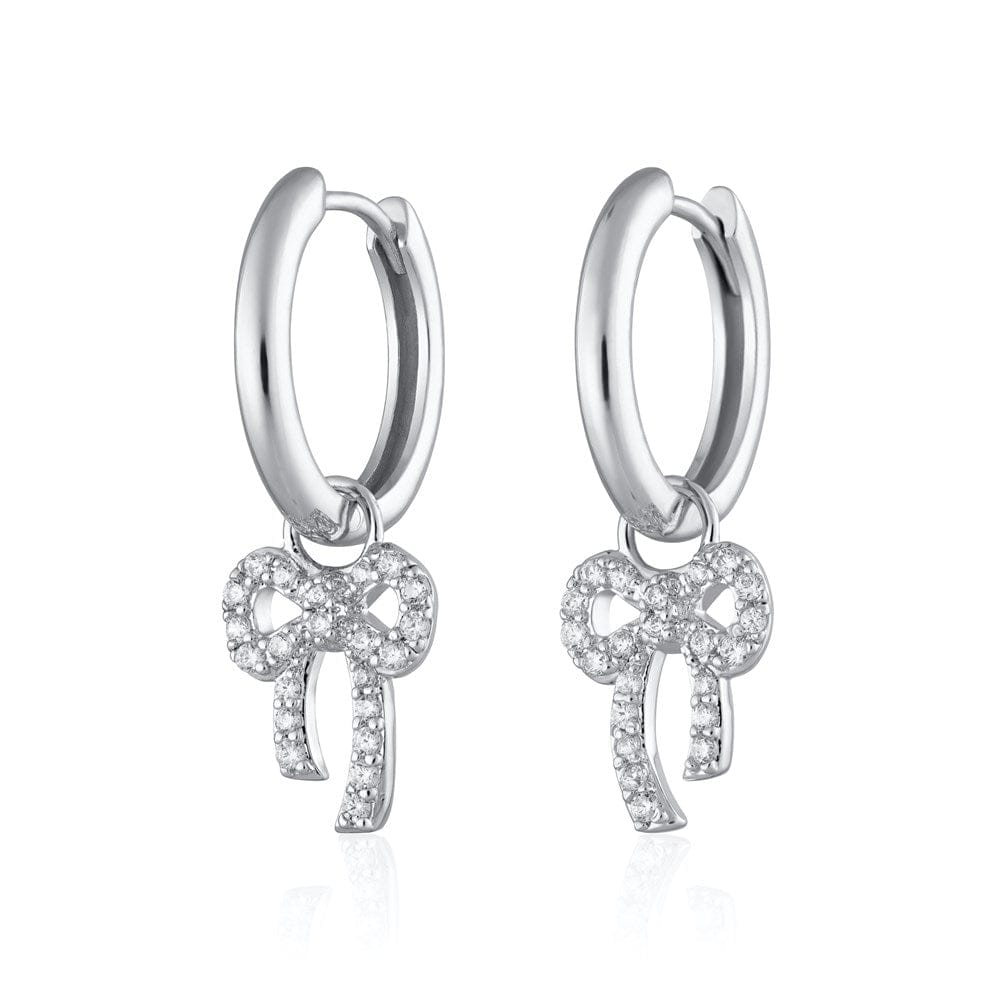 EAR Rhodium Plated Sterling Bow Charm Hoop Earrings