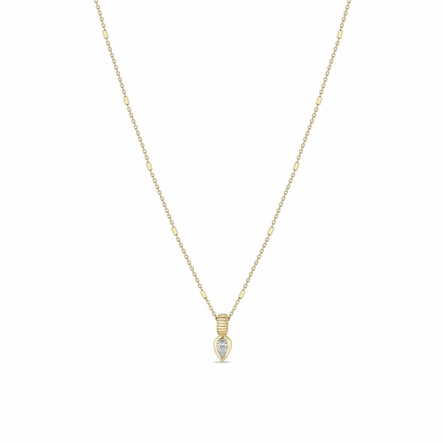 NKL-14K 14k Bezel Set Pear Diamond Necklace with Corrugated Bead Bail