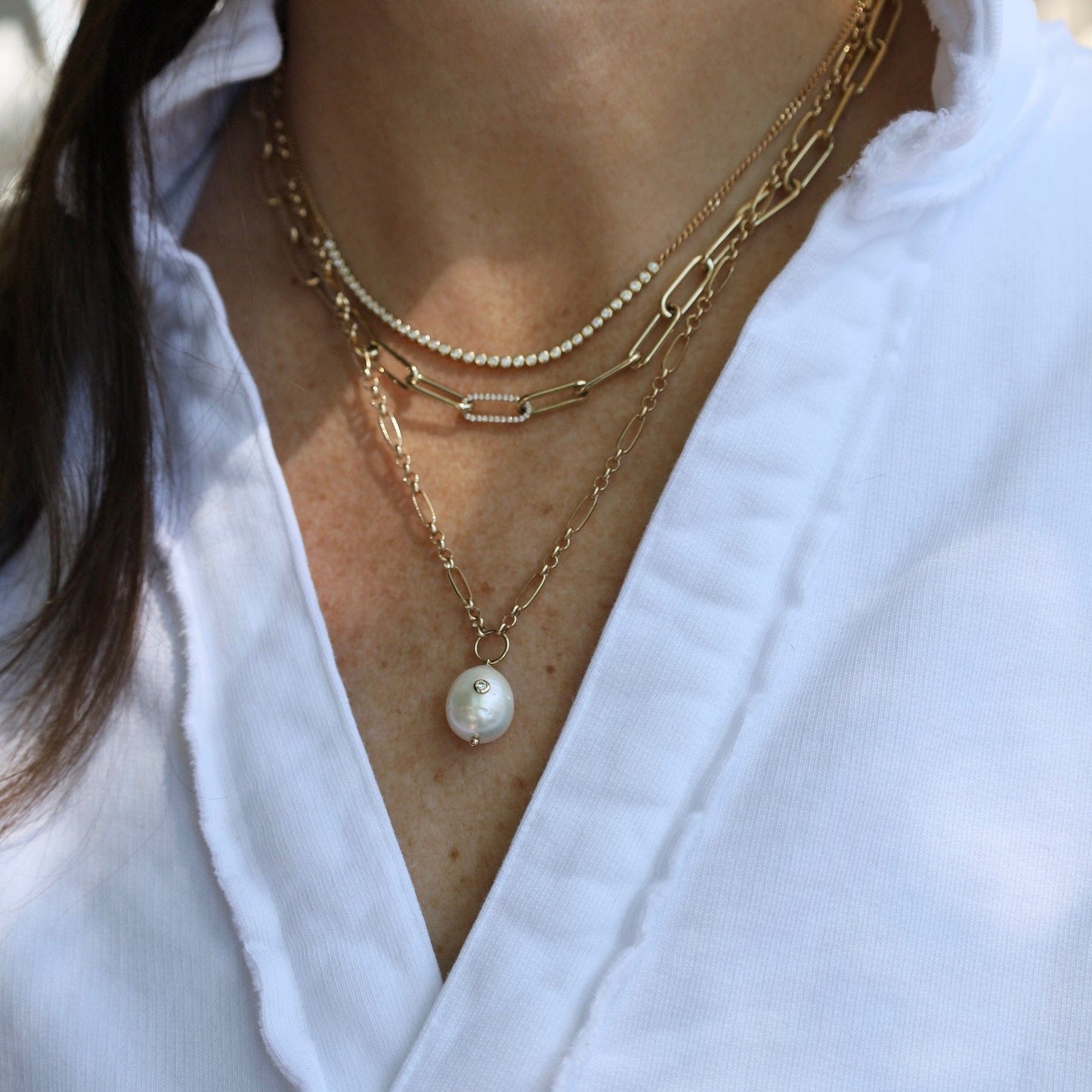 NKL-14K 14k Diamond Baroque Pearl Paperclip Rolo Chain Necklace