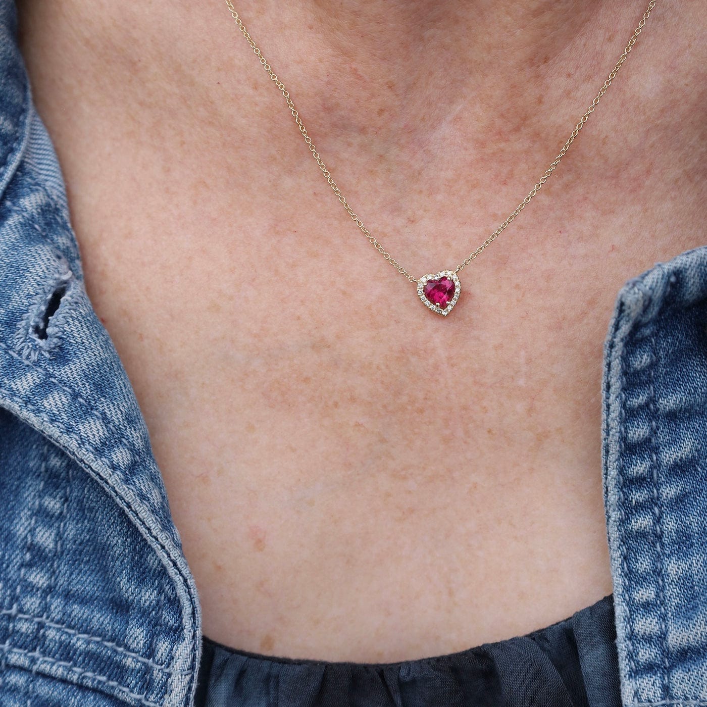 NKL-14K 14k Yellow Gold One of a Kind Heart Shape Rubelite Necklace