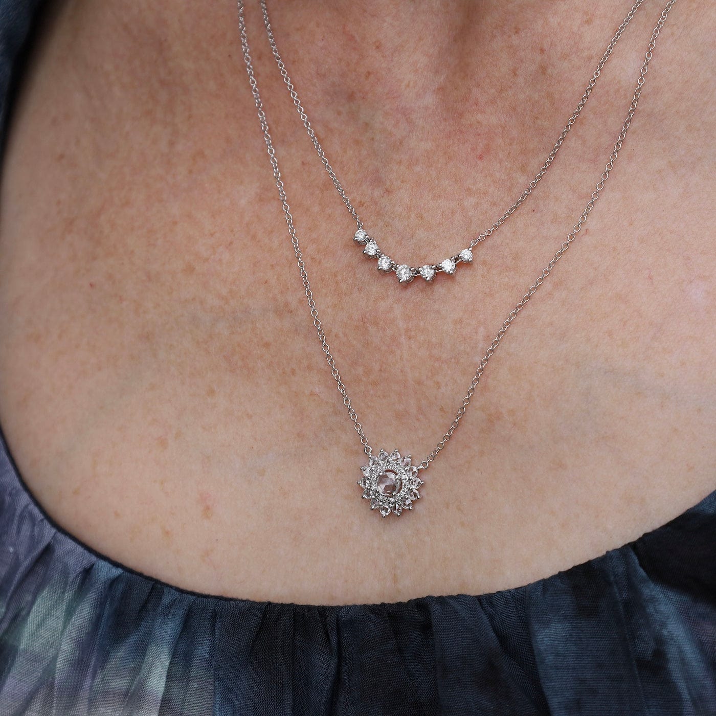 NKL-14K White Gold Rose Cut Diamond Halo Necklace