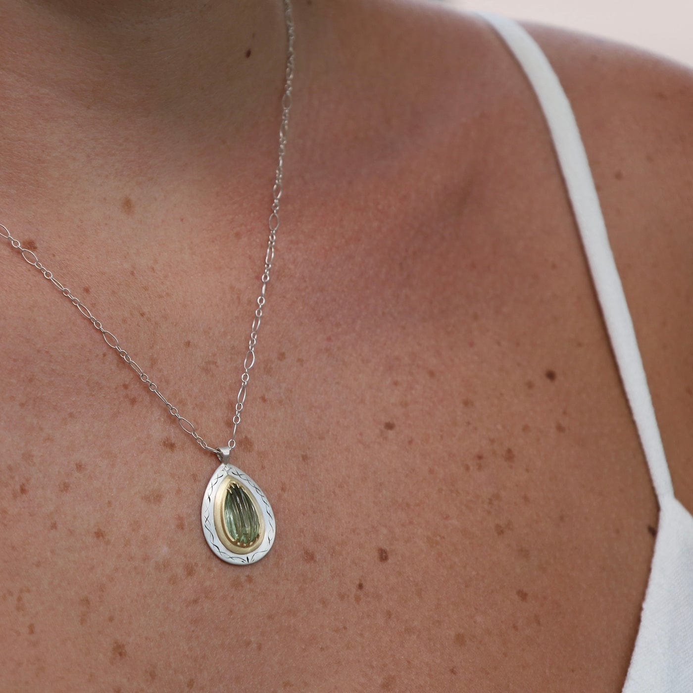 NKL-18K One of a Kind Light Green Tourmaline Claw Set 18k & Sterling Silver Necklace