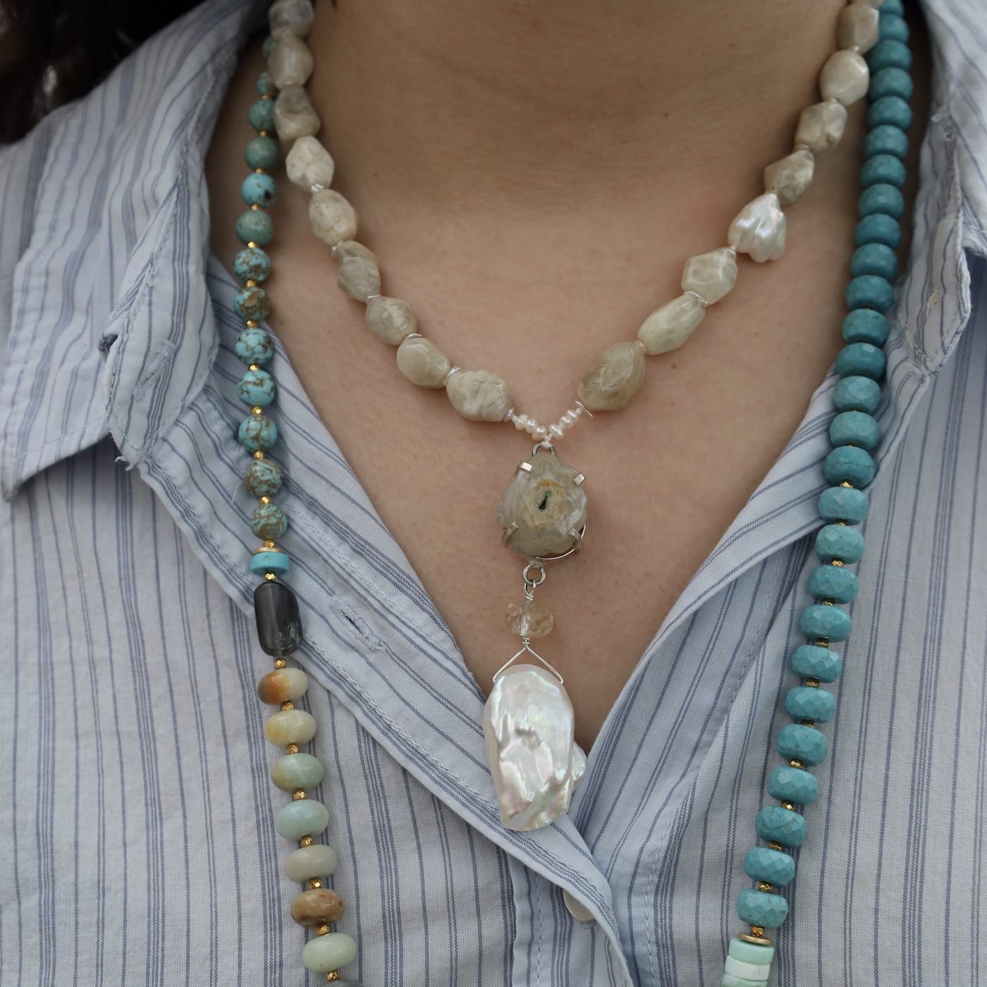 NKL Agate and Pearl Pendant Necklace
