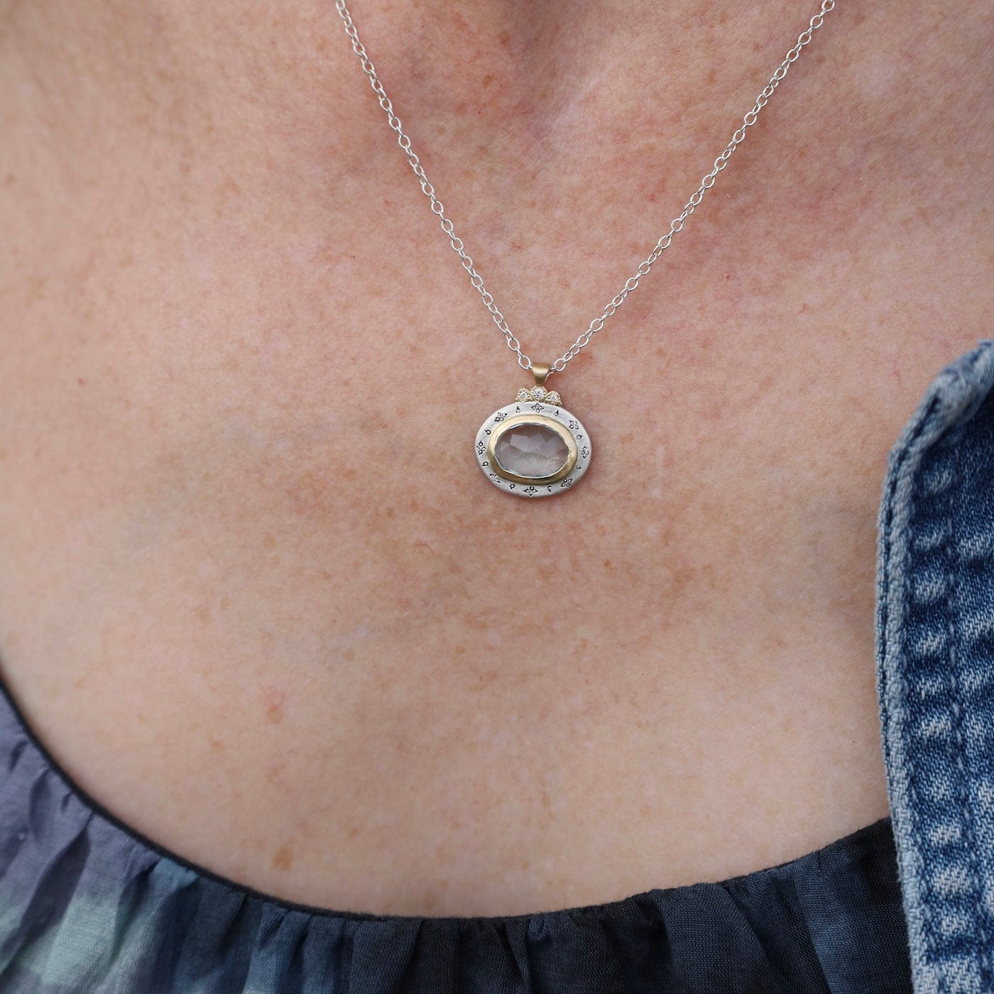 NKL-DIA One of a Kind Two Tone Rose Cut Aquamarine Pendant