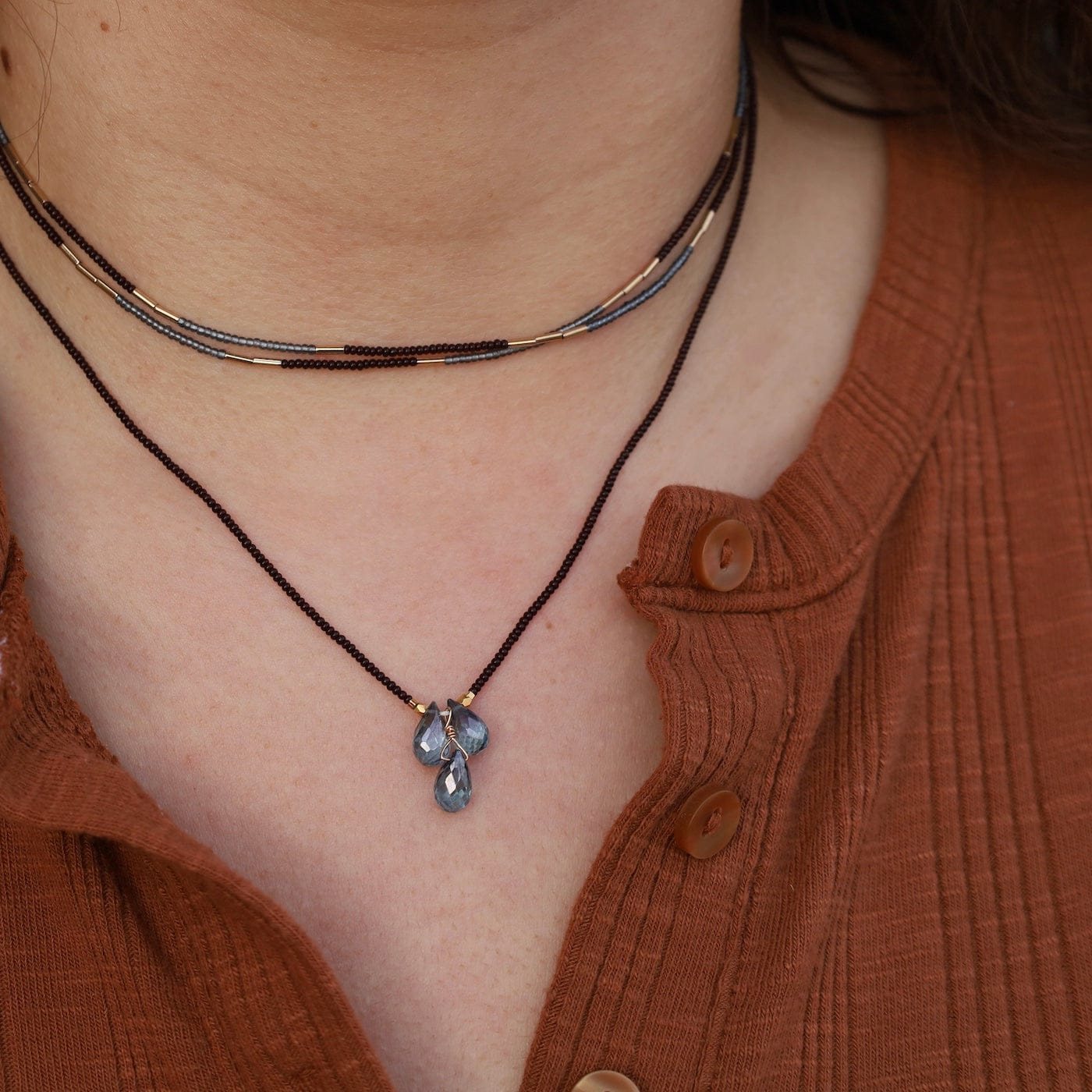 NKL-GF Dark Brown Seed Beads With Gold & Blue Quartz Necklace