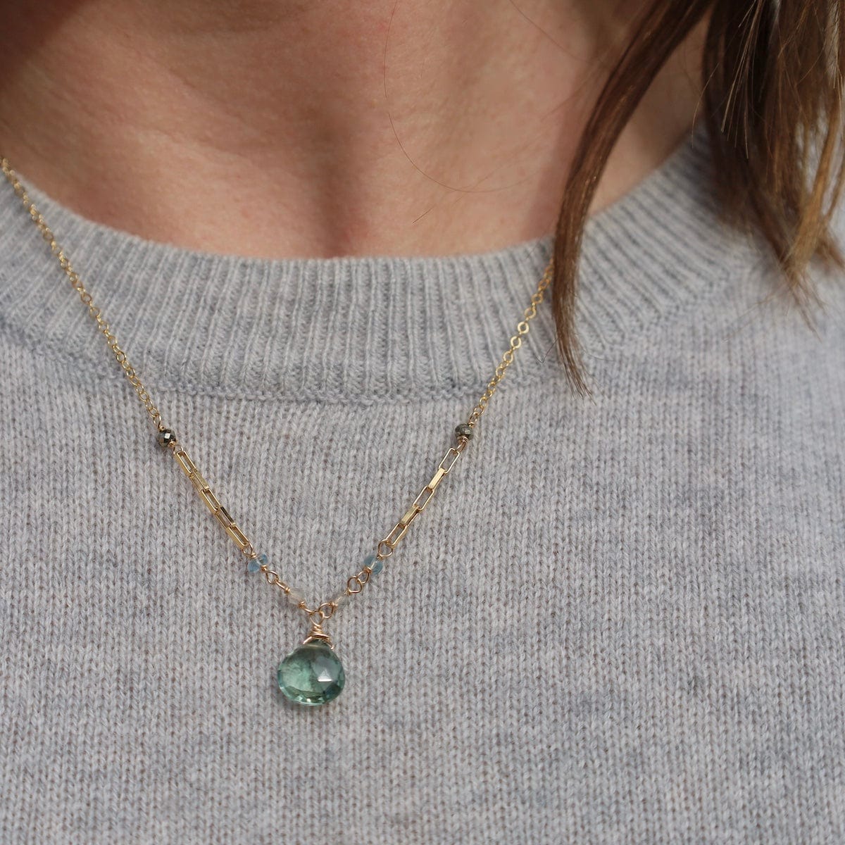 NKL-GF Gold Filled Green Amethyst Drop with Rondelles Necklace