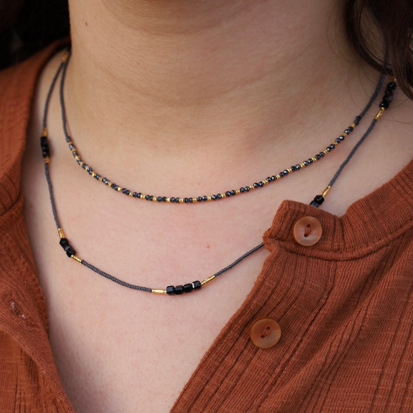 NKL-GF Grey Seed Beads With Gold Vermeil Bead Necklace