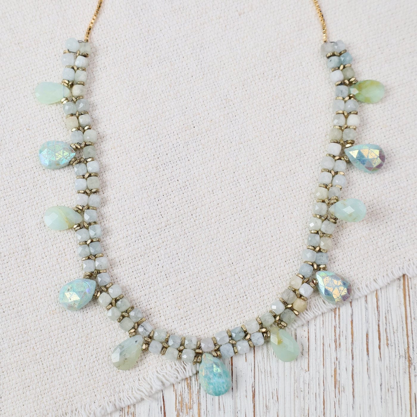 NKL-GF Hand Woven Soft Necklace of Aquamarine Cubes with