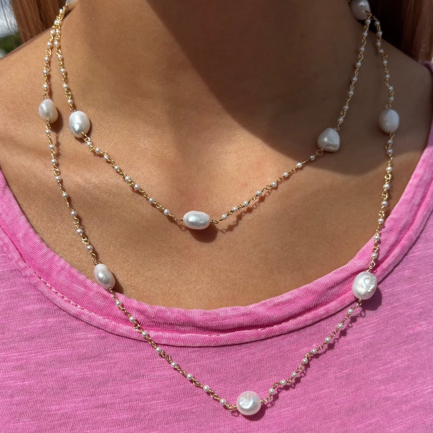 NKL-GF Long  White Pearl Bead Chain Necklace