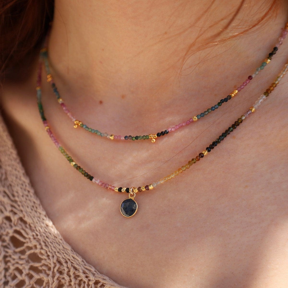 NKL-GF Multi-color Tourmaline Tiny Gold Ball Charms Necklace