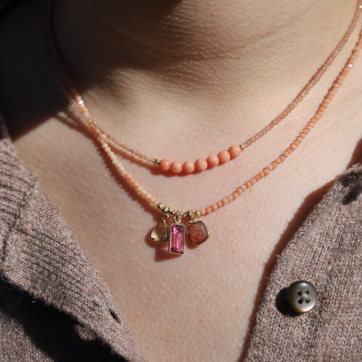 NKL-GF Peach Coral & Sunstone Seven Stones Necklace