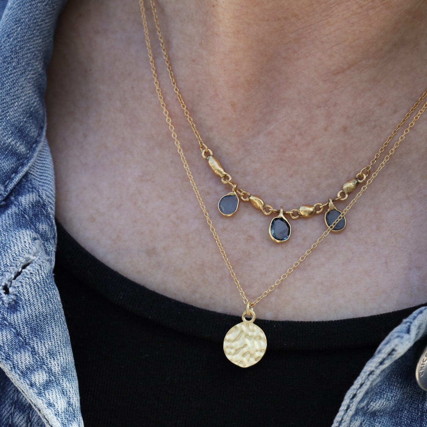 NKL-GPL Blue Topaz Three Stone With Handmade Beads Necklace