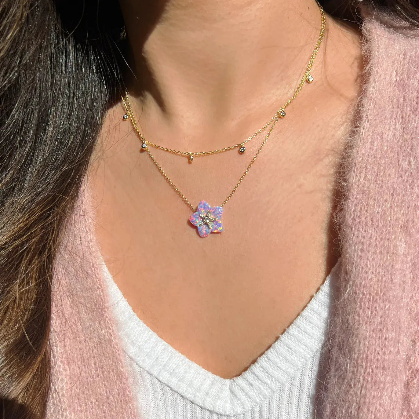 NKL-GPL Carved Blue Green Opal Flower Necklace with Crysta