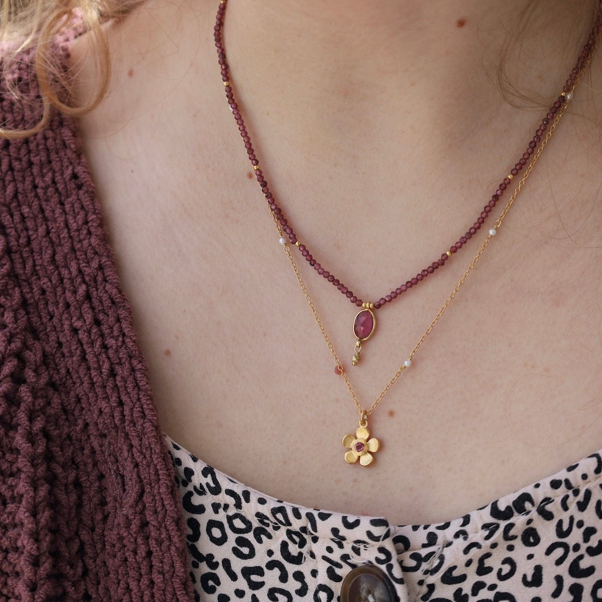 NKL-GPL Gold Pink Tourmaline Flower Necklace