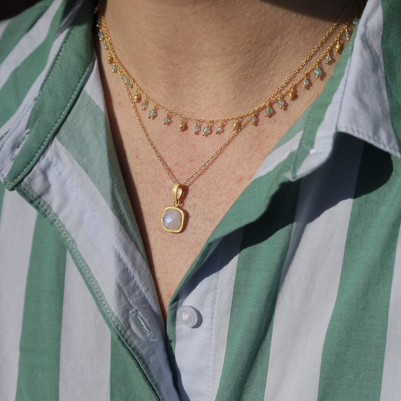 NKL-GPL Rainbow Moonstone Square Checker Cut Pendant Neckl