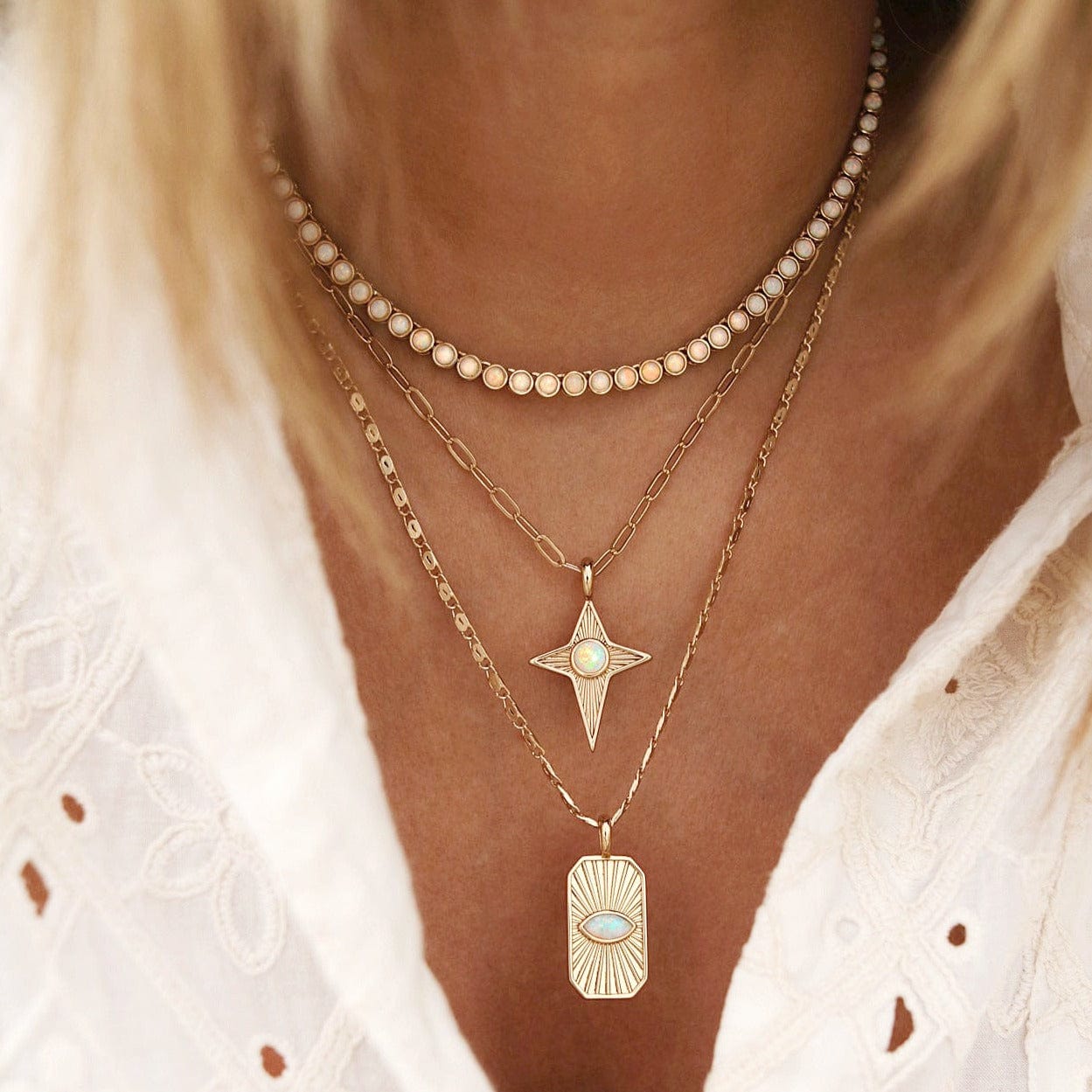 NKL-GPL White Opal Radiant Eye Pendant Necklace