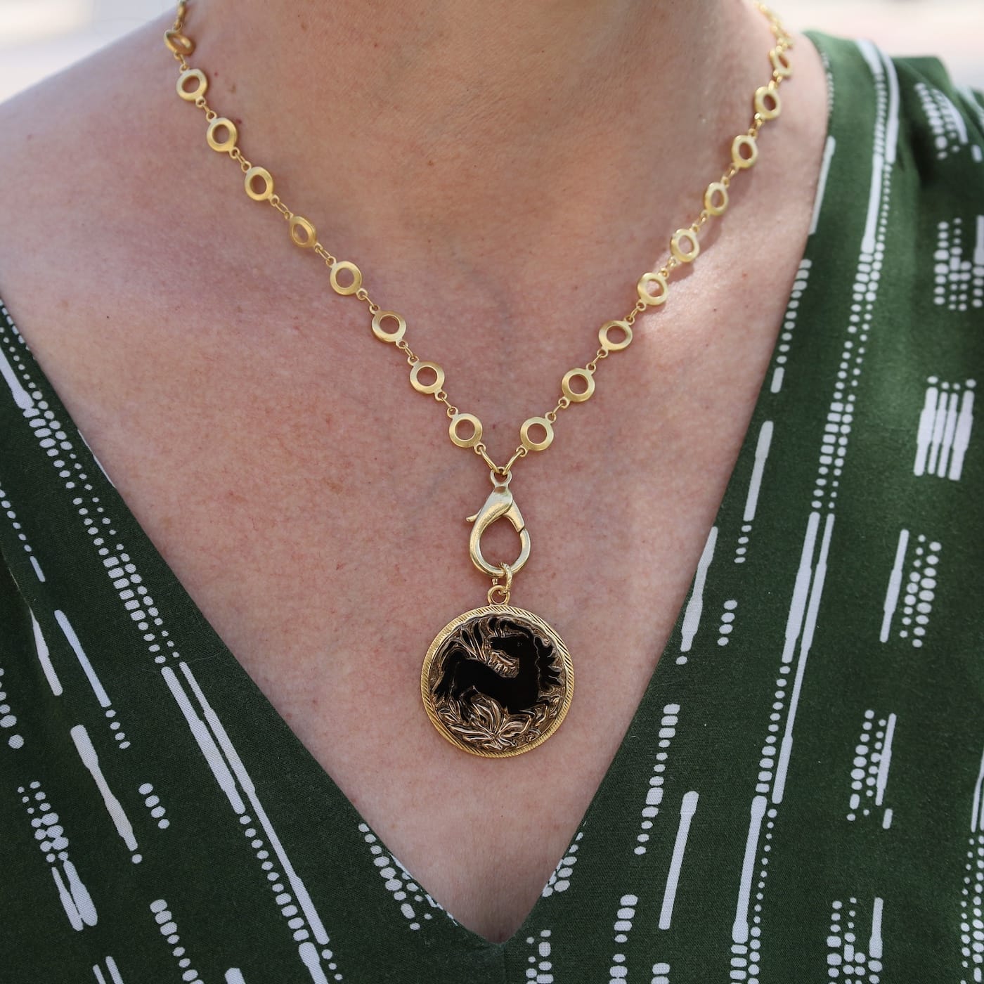 NKL-JM Black Horse Pendant on Coin Chain - Gold Plate