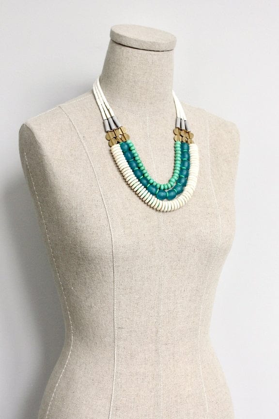 NKL-JM Triple Strand White, Aqua Ghana Glass, and Turquoise Necklace